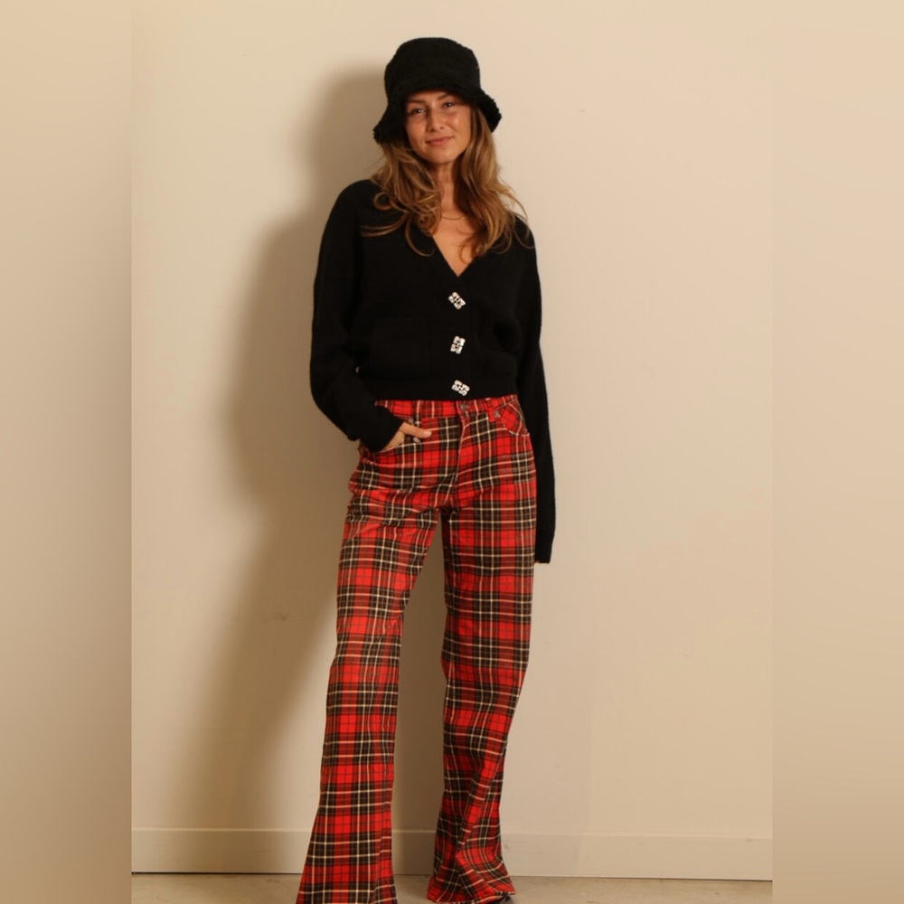 R13 Janet Relaxed Flair Plaid Stretch Jeans